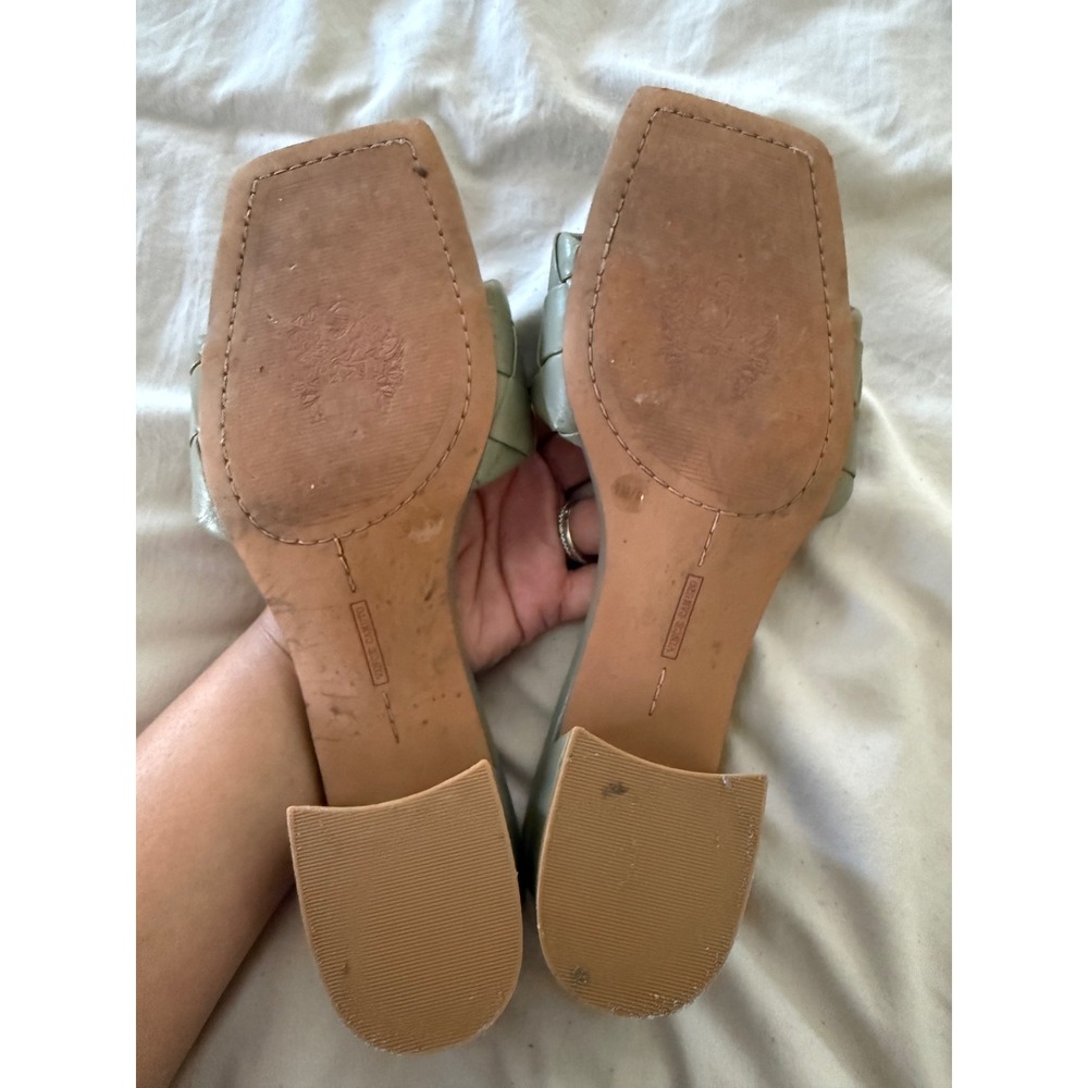 Vince Camuto Sage Green Woven Leather Square Toe Slide Sandals Womens 9 Low Heel - Picture 2 of 4